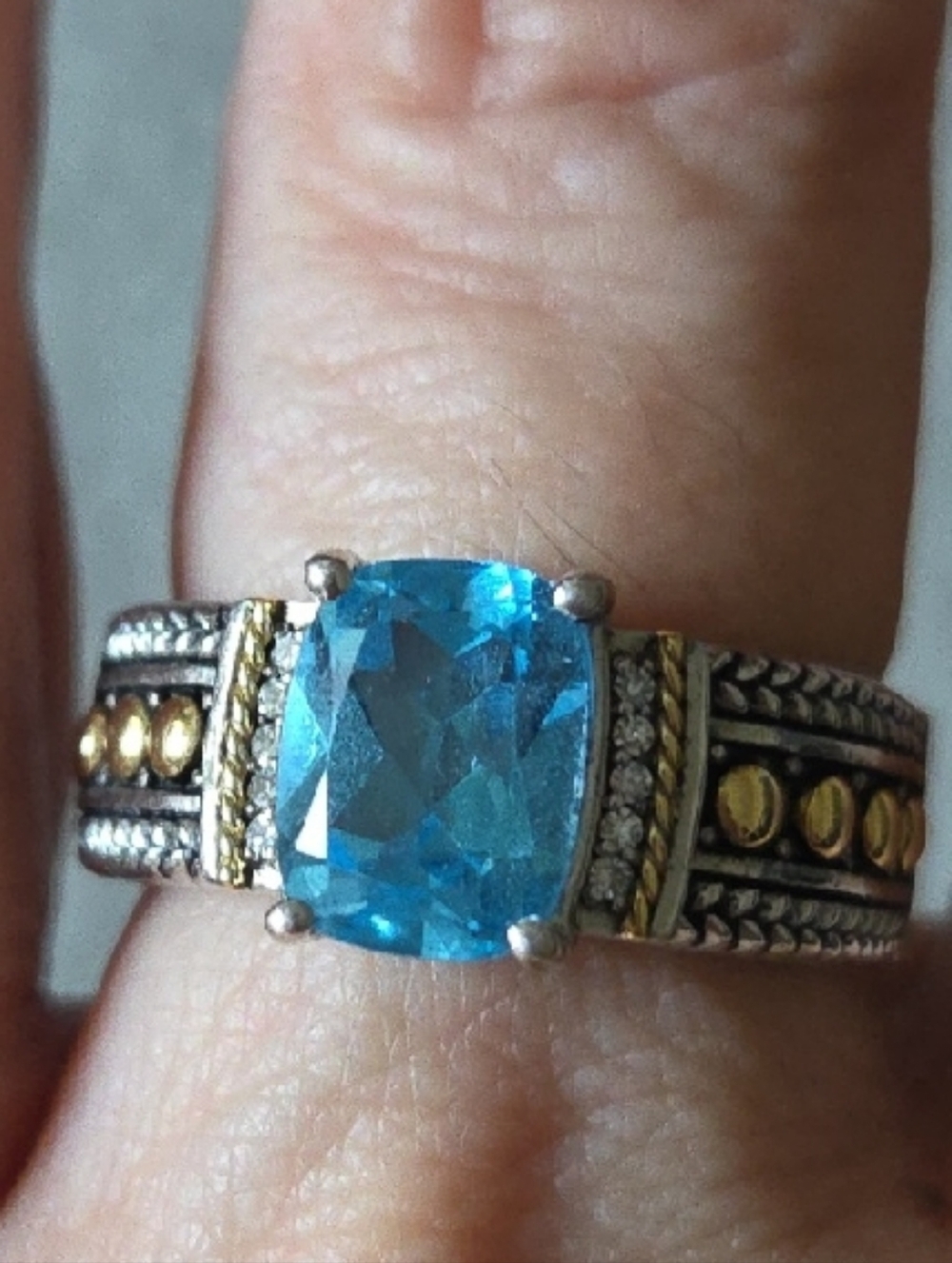 EFFY Blue Topaz Cushion-Cut Ring with Two-Tone Band Sterling 18k Sz6.5